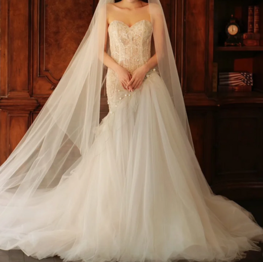 Romantic Strapless Beads Wedding Dress Lace Tulle Mermaid Bridal Dress GG7329