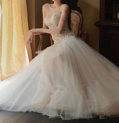 Romantic Strapless Beads Wedding Dress Lace Tulle Mermaid Bridal Dress GG7329