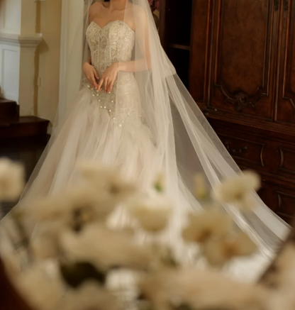 Romantic Strapless Beads Wedding Dress Lace Tulle Mermaid Bridal Dress GG7329