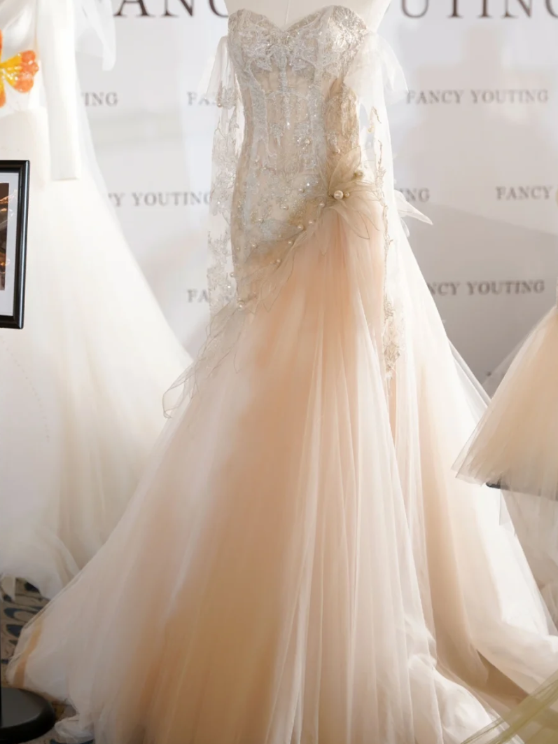 Luxury Off-Shoulder Lace Wedding Dress Long Sleeve Beads Mermaid Bridal Dress GG7330