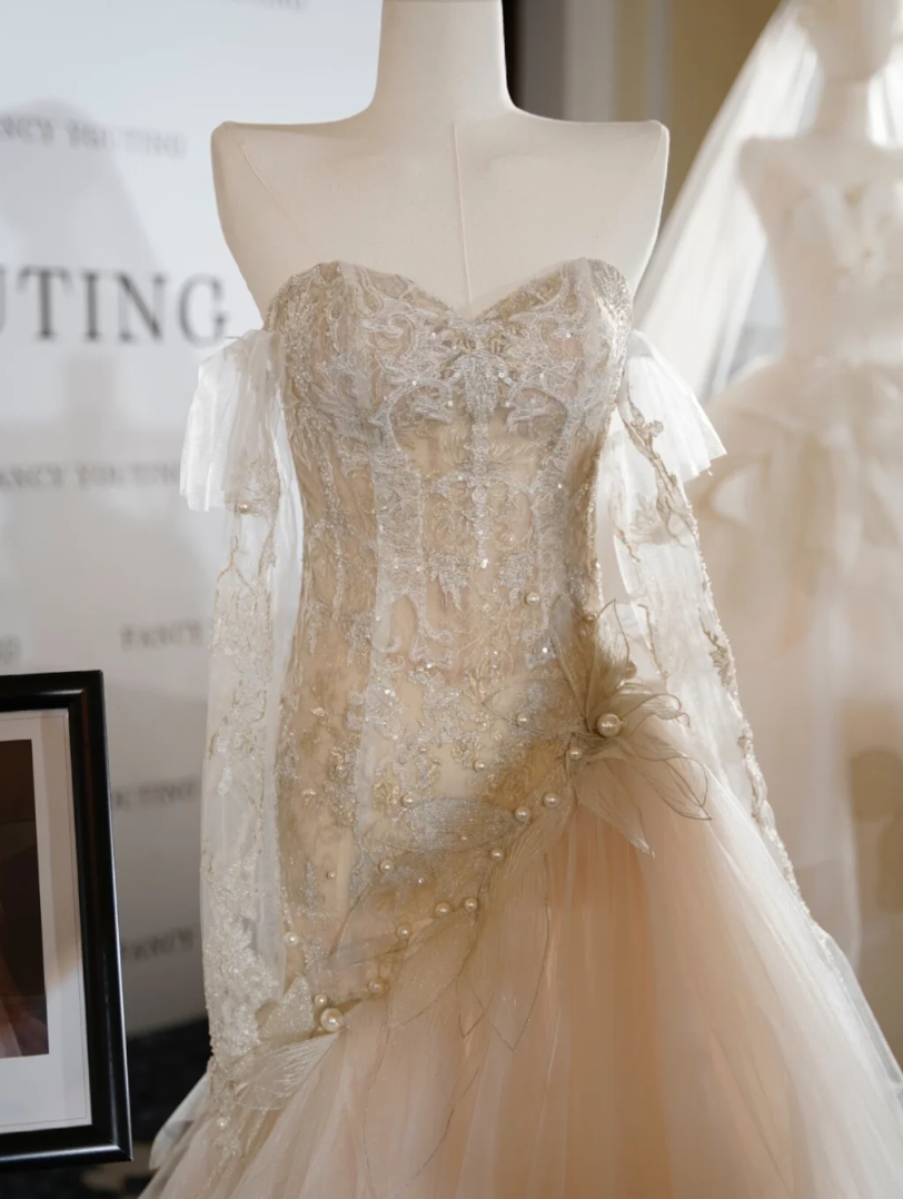 Luxury Off-Shoulder Lace Wedding Dress Long Sleeve Beads Mermaid Bridal Dress GG7330
