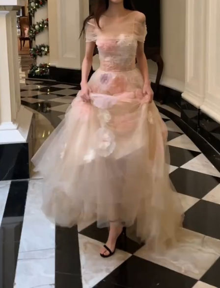 Enchanting Off-Shoulder Prom Dress Pink Appliques Tulle A-Line Evening Dress GG7332