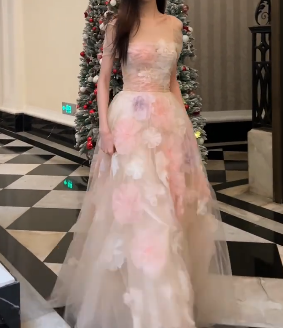 Enchanting Off-Shoulder Prom Dress Pink Appliques Tulle A-Line Evening Dress GG7332