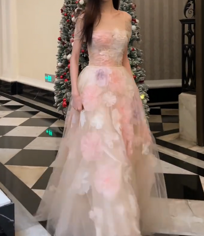 Enchanting Off-Shoulder Prom Dress Pink Appliques Tulle A-Line Evening Dress GG7332