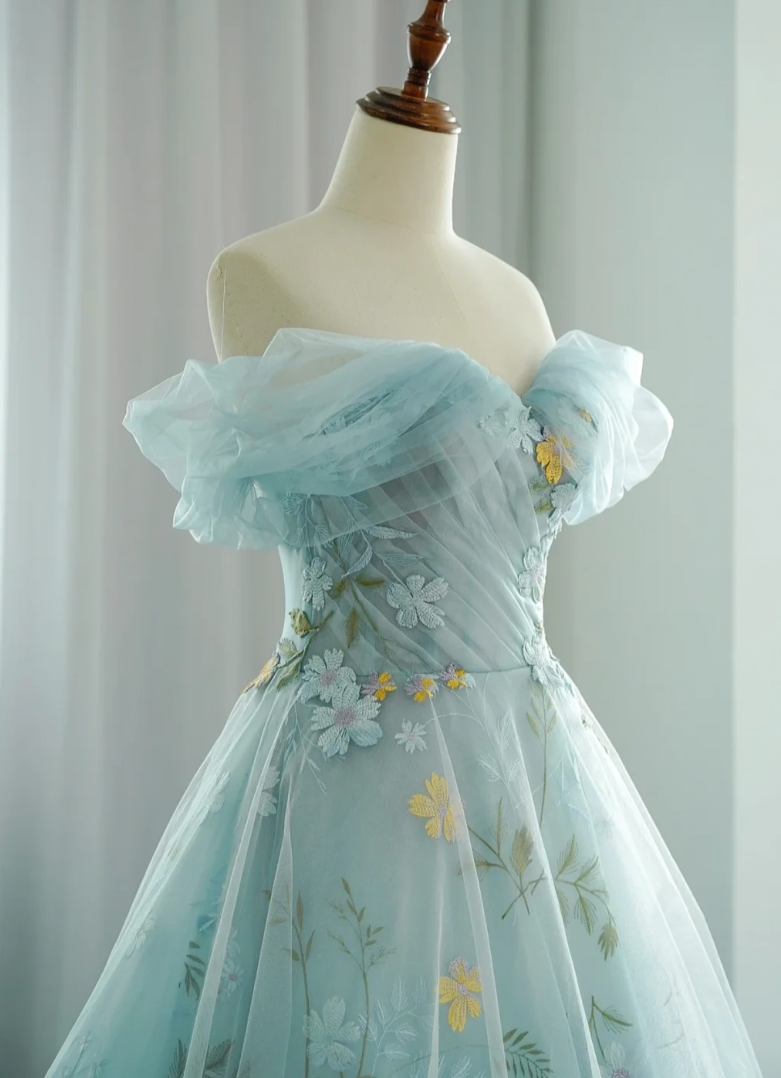 Alluring Off-Shoulder Blue Prom Dress Appliques Tulle A-Line Evening Dress GG7334