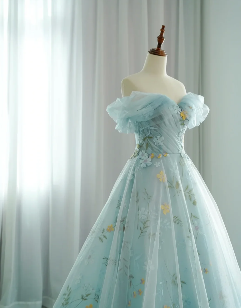 Alluring Off-Shoulder Blue Prom Dress Appliques Tulle A-Line Evening Dress GG7334