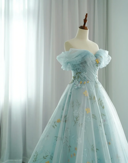 Alluring Off-Shoulder Blue Prom Dress Appliques Tulle A-Line Evening Dress GG7334