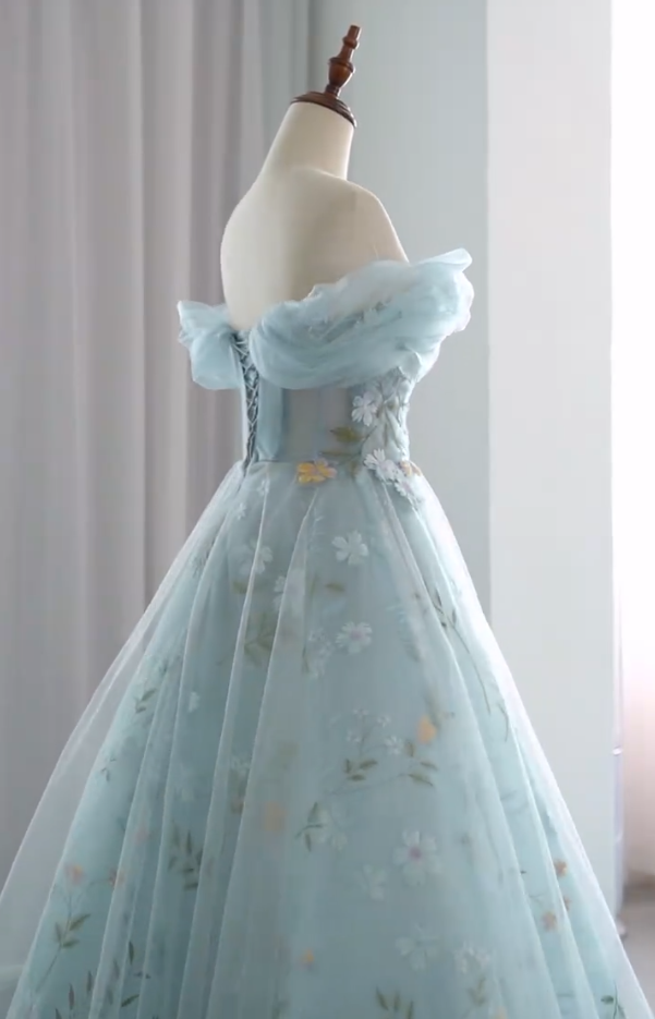 Alluring Off-Shoulder Blue Prom Dress Appliques Tulle A-Line Evening Dress GG7334