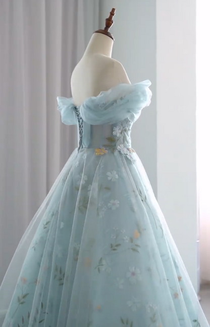 Alluring Off-Shoulder Blue Prom Dress Appliques Tulle A-Line Evening Dress GG7334