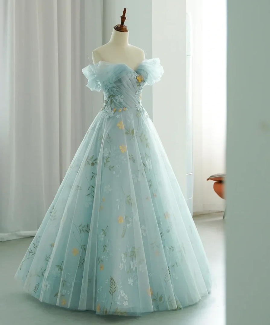 Alluring Off-Shoulder Blue Prom Dress Appliques Tulle A-Line Evening Dress GG7334