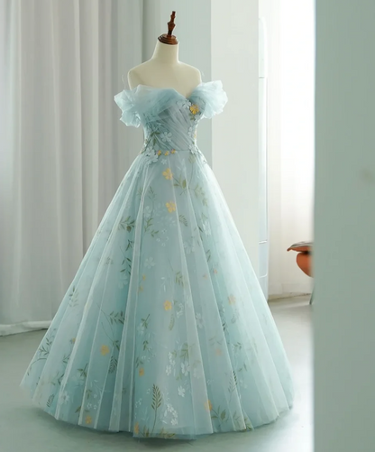 Alluring Off-Shoulder Blue Prom Dress Appliques Tulle A-Line Evening Dress GG7334