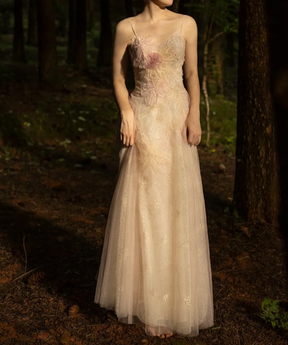 Playful Spaghetti Straps Pink Prom Dress Appliques Tulle A-Line Evening Dress GG7335