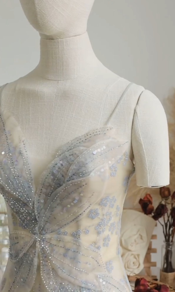 Gorgeous Spaghetti Straps Blue Prom Dress Sequins Floral A-Line Evening Dress GG7336