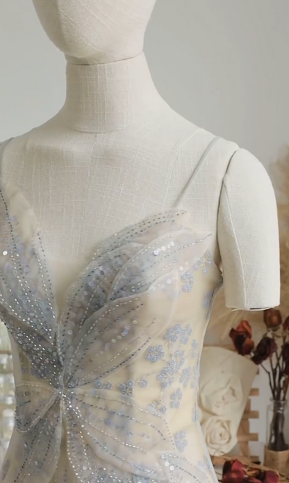 Gorgeous Spaghetti Straps Blue Prom Dress Sequins Floral A-Line Evening Dress GG7336