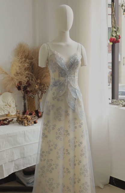 Gorgeous Spaghetti Straps Blue Prom Dress Sequins Floral A-Line Evening Dress GG7336