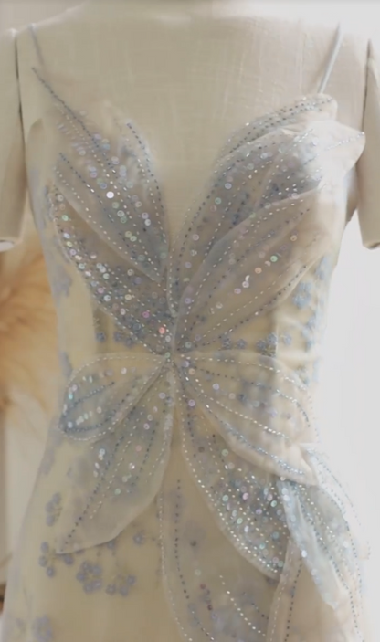 Gorgeous Spaghetti Straps Blue Prom Dress Sequins Floral A-Line Evening Dress GG7336