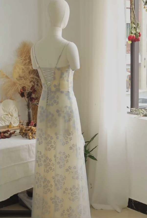 Gorgeous Spaghetti Straps Blue Prom Dress Sequins Floral A-Line Evening Dress GG7336