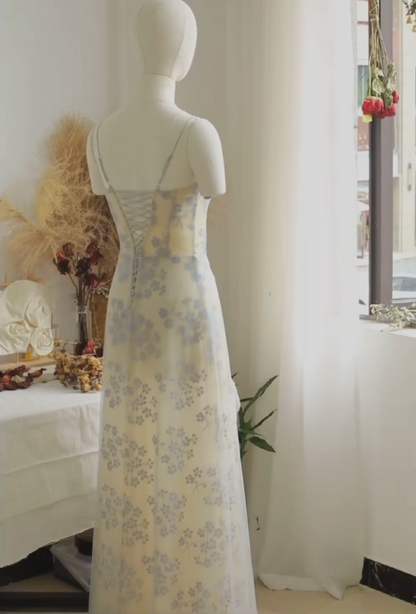 Gorgeous Spaghetti Straps Blue Prom Dress Sequins Floral A-Line Evening Dress GG7336