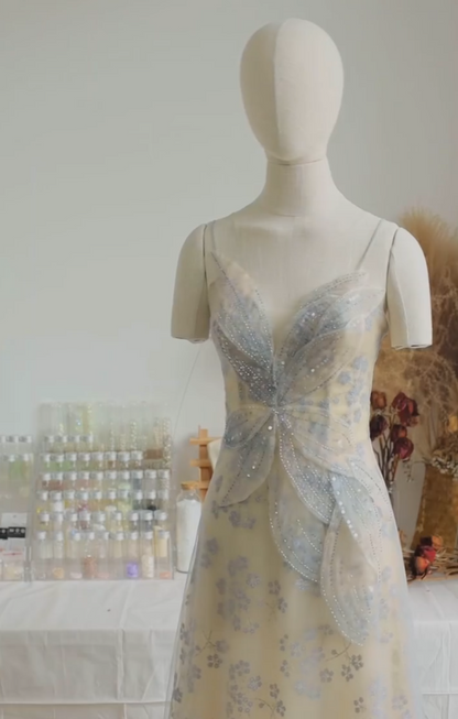 Gorgeous Spaghetti Straps Blue Prom Dress Sequins Floral A-Line Evening Dress GG7336