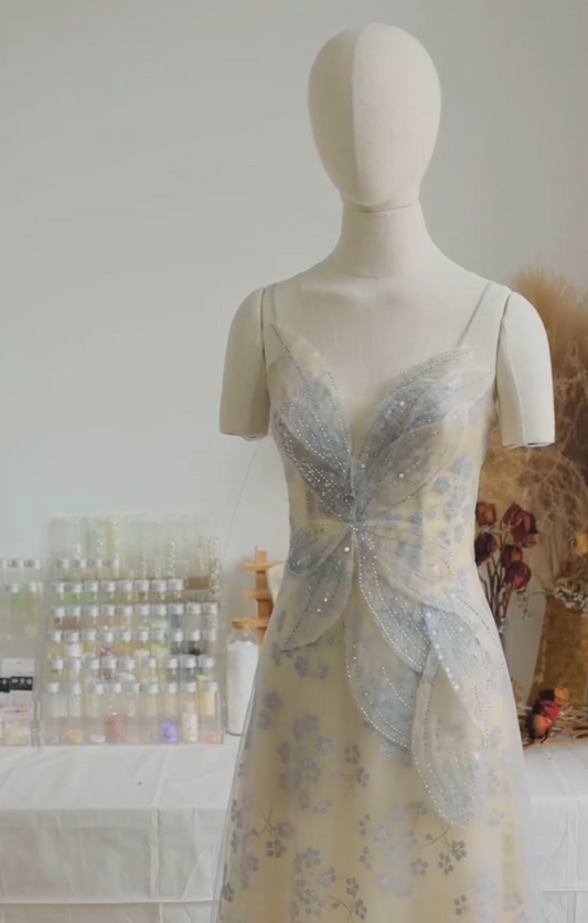 Gorgeous Spaghetti Straps Blue Prom Dress Sequins Floral A-Line Evening Dress GG7336