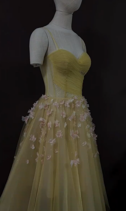 Unique Spaghetti Straps Homecoming Dress Yellow Appliques Sequins A-Line Birthday Dress GG7337