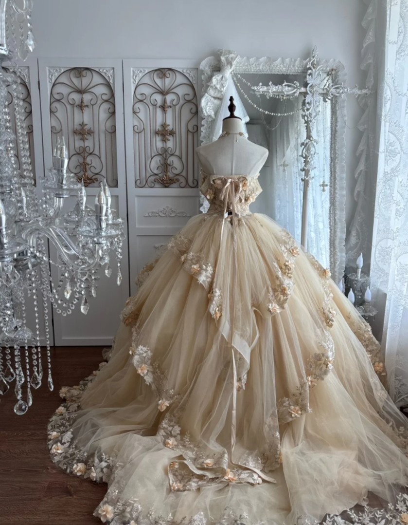 Dreamy Off-Shoulder Apricot Prom Dress Appliques Tiered A-Line Evening Dress GG7338