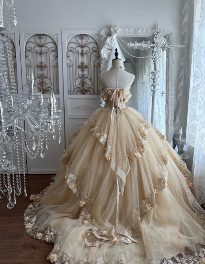 Dreamy Off-Shoulder Apricot Prom Dress Appliques Tiered A-Line Evening Dress GG7338