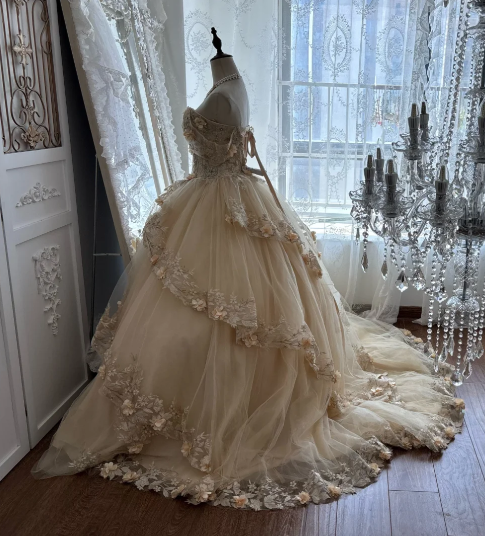 Dreamy Off-Shoulder Apricot Prom Dress Appliques Tiered A-Line Evening Dress GG7338