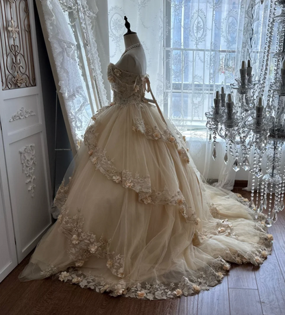 Dreamy Off-Shoulder Apricot Prom Dress Appliques Tiered A-Line Evening Dress GG7338