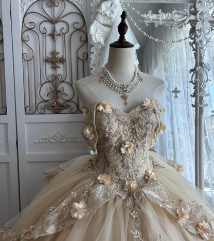 Dreamy Off-Shoulder Apricot Prom Dress Appliques Tiered A-Line Evening Dress GG7338