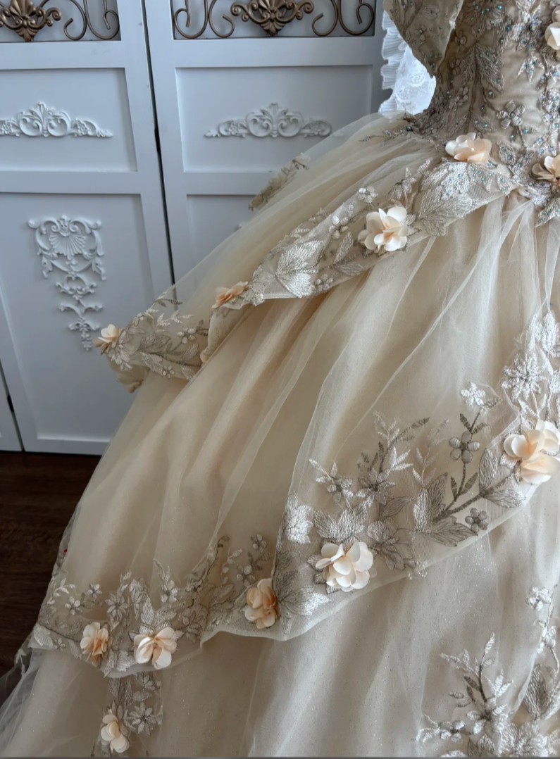Dreamy Off-Shoulder Apricot Prom Dress Appliques Tiered A-Line Evening Dress GG7338