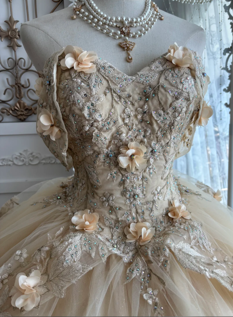 Dreamy Off-Shoulder Apricot Prom Dress Appliques Tiered A-Line Evening Dress GG7338