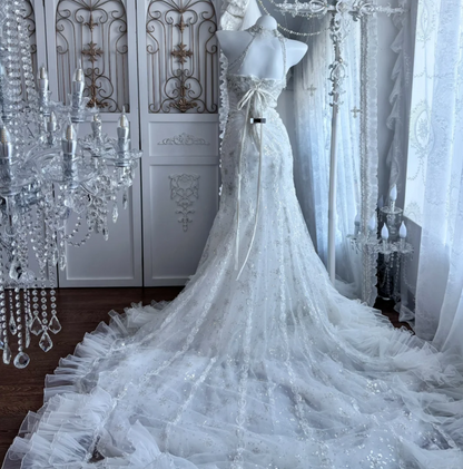 Luxurious Halter Neck Tiered Wedding Dress Beaded Mermaid Bridal Dress GG7342