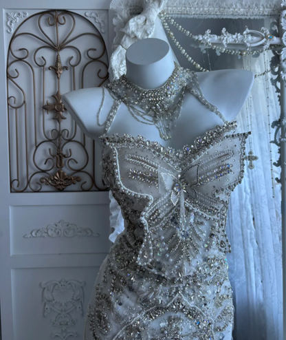Luxurious Halter Neck Tiered Wedding Dress Beaded Mermaid Bridal Dress GG7342