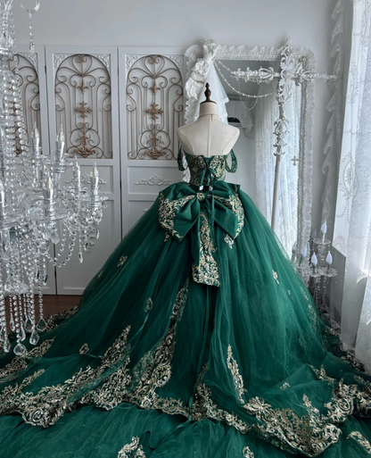 Glamorous Off-Shoulder Sequins Prom Dress Green Appliques Tulle A-Line Evening Dress GG7343