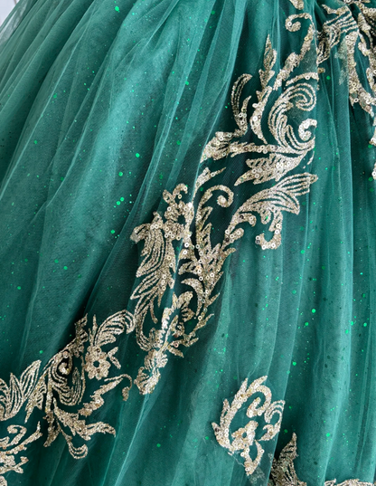 Glamorous Off-Shoulder Sequins Prom Dress Green Appliques Tulle A-Line Evening Dress GG7343