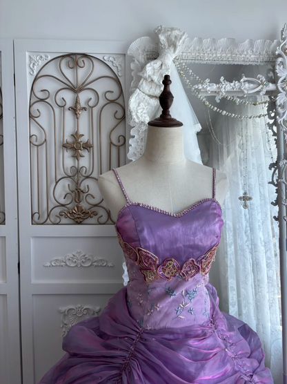 Vintage Spaghetti Straps Purple Prom Dress Sequins Appliques Tulle A-Line Evening Dress GG7346