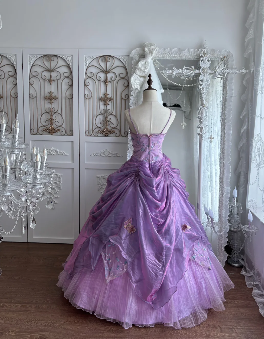 Vintage Spaghetti Straps Purple Prom Dress Sequins Appliques Tulle A-Line Evening Dress GG7346