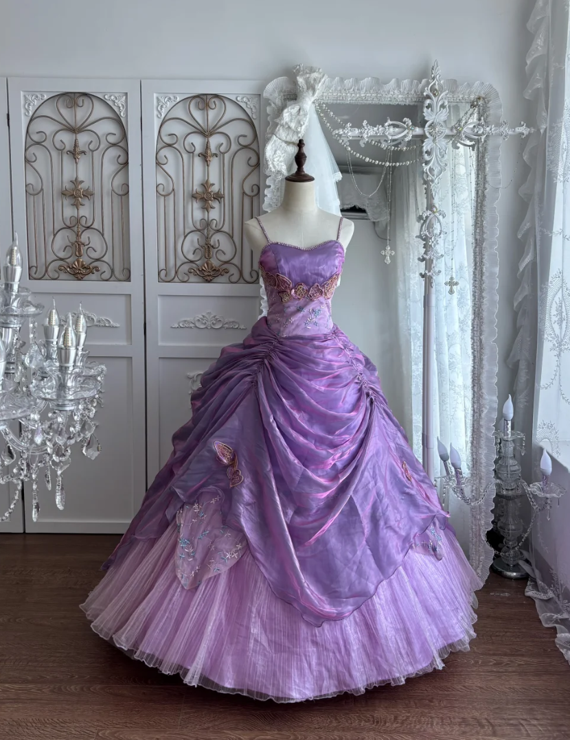 Vintage Spaghetti Straps Purple Prom Dress Sequins Appliques Tulle A-Line Evening Dress GG7346