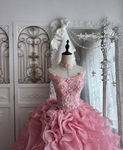 Sweet Strapless Pink Prom Dress Appliques Beads Ruffles A-Line Evening Dress GG7347