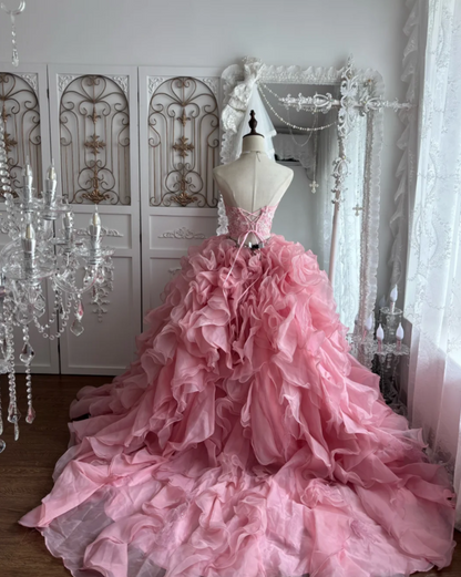 Sweet Strapless Pink Prom Dress Appliques Beads Ruffles A-Line Evening Dress GG7347