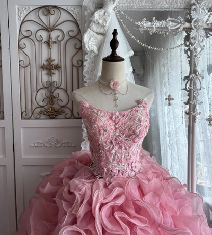 Sweet Strapless Pink Prom Dress Appliques Beads Ruffles A-Line Evening Dress GG7347