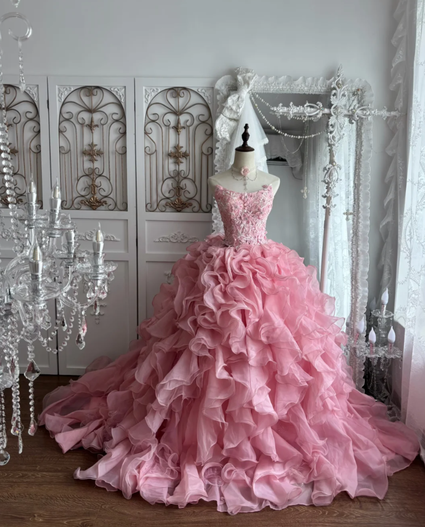 Sweet Strapless Pink Prom Dress Appliques Beads Ruffles A-Line Evening Dress GG7347