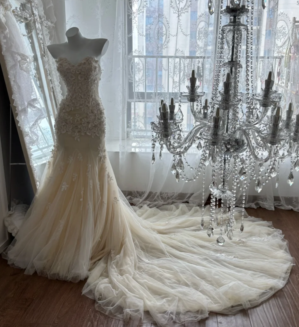 Alluring Strapless Ivory Prom Dress Appliques Tulle Mermaid Evening Dress GG7348