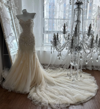 Alluring Strapless Ivory Prom Dress Appliques Tulle Mermaid Evening Dress GG7348