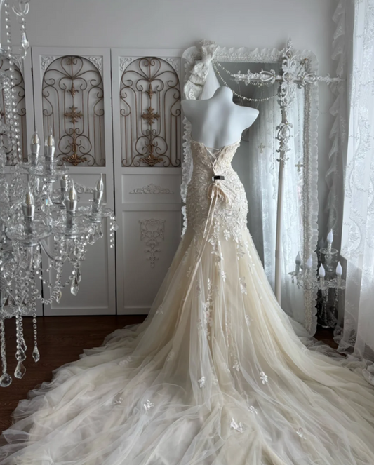 Alluring Strapless Ivory Prom Dress Appliques Tulle Mermaid Evening Dress GG7348