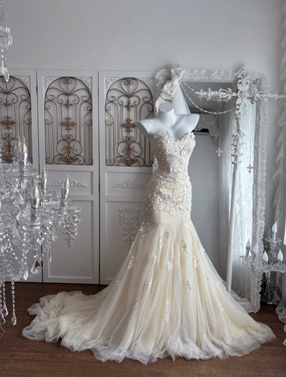 Alluring Strapless Ivory Prom Dress Appliques Tulle Mermaid Evening Dress GG7348