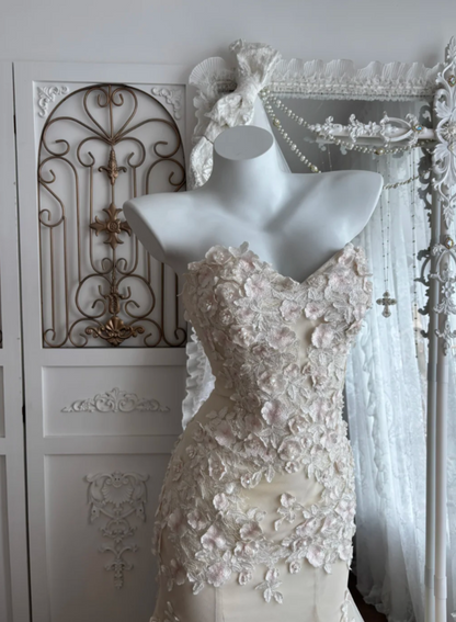 Alluring Strapless Ivory Prom Dress Appliques Tulle Mermaid Evening Dress GG7348