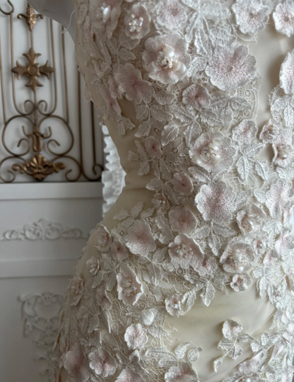 Alluring Strapless Ivory Prom Dress Appliques Tulle Mermaid Evening Dress GG7348