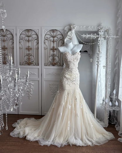 Alluring Strapless Ivory Prom Dress Appliques Tulle Mermaid Evening Dress GG7348